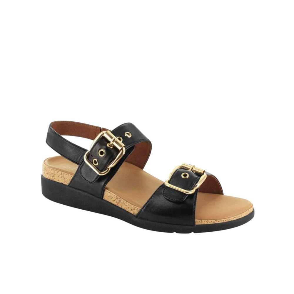 Strive Black Leather Amalfi Slingback Sandals Sz 7 Gold Buckle Comfort Orthotic